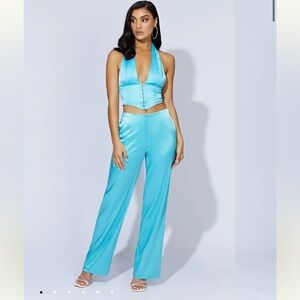 Meshki Mallory Satin Corset Top & Nicolette Low Rise Satin Pants- Aquamarine XS